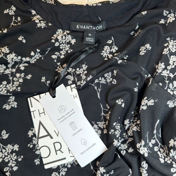 41 Hawthorn 2X Black Floral Sophia Fitted Mesh Midi Dress Ruched Date Night Chic - Picture 10 of 12